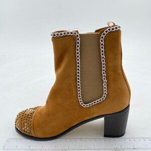 Brown Women Rivets Ankle Boots Round Toe Block Mid Heels Pull On Combat Booties